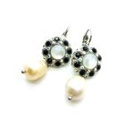 Earrings By Mariana Caribbean Life Coll. Dangling White Shell Mineral, Pearl & Jet Austrian Crystals - Image 2