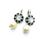 Earrings By Mariana Caribbean Life Coll. Dangling White Shell Mineral, Pearl & Jet Austrian Crystals