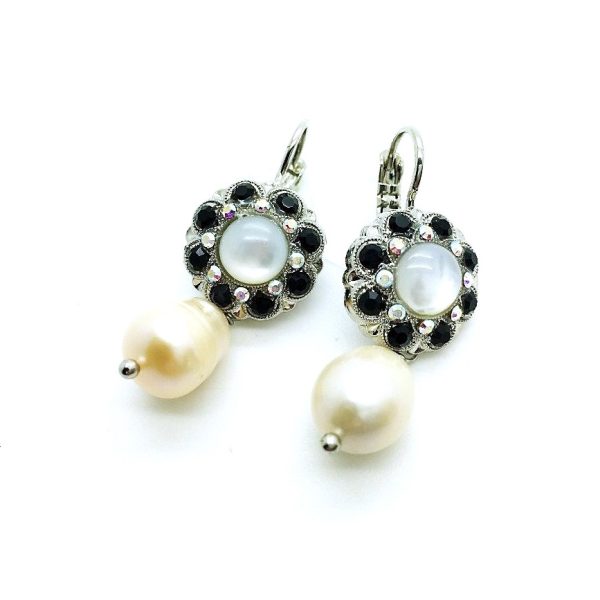Earrings By Mariana Caribbean Life Coll. Dangling White Shell Mineral, Pearl & Jet Austrian Crystals