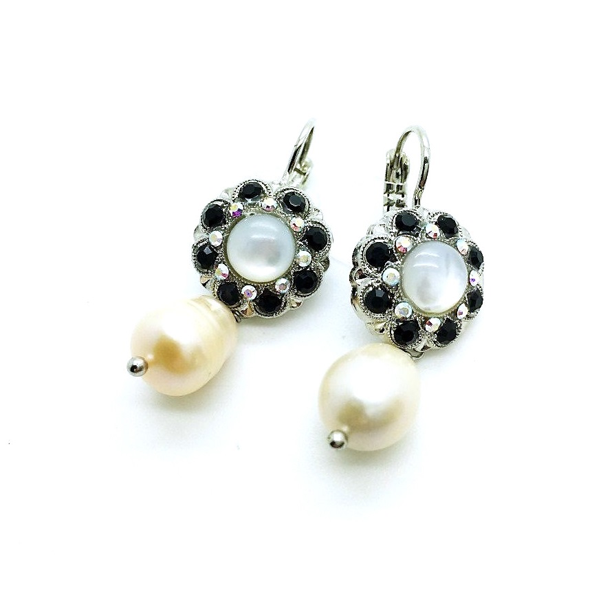 E-1417H-M87-3-RO6 (3) Earrings By Mariana Caribbean Life Coll. Dangling White Shell Mineral, Pearl & Jet Austrian Crystals - Image 1