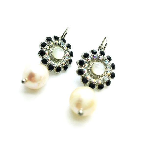 Mariana Earrings Elegant White Shell Mineral, Cream Pearl, Jet & AB Swarovski Crystals Caribbean Life Coll.