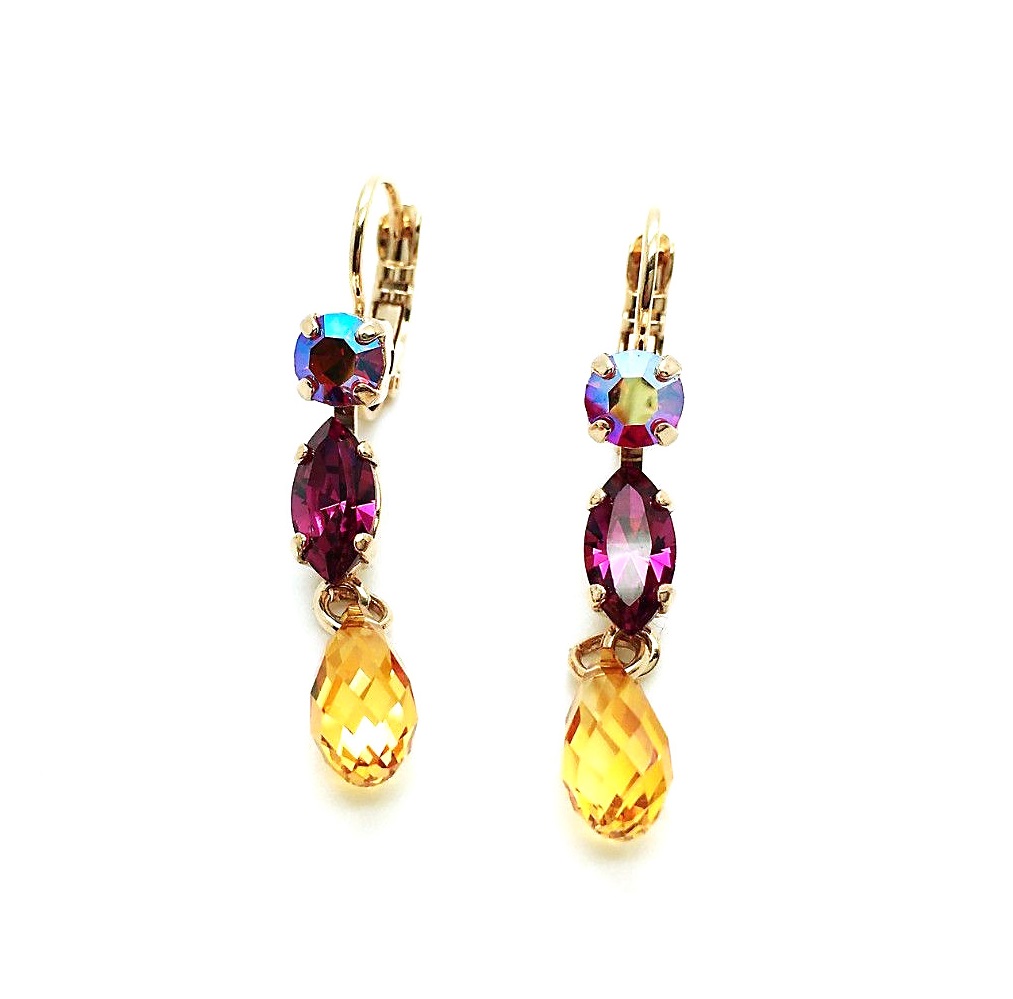 E-1514-1-1075-RG6 (1) Mariana Earrings Triple Tier Strand AB, Fuchsia & Amber Swarovski Crystals Songbook Coll. - Image 1