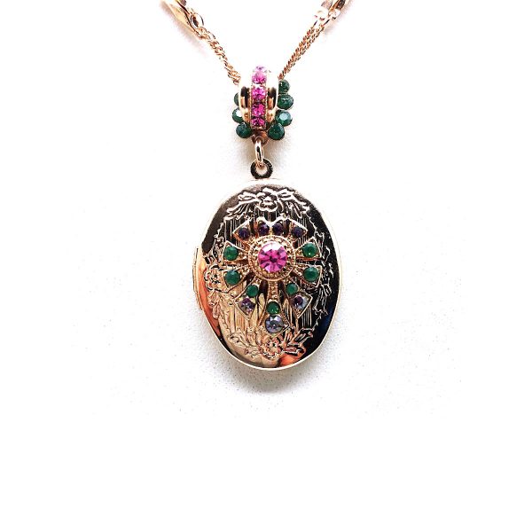 Mariana Necklace Pendant Oval Locket Emerald & Pink Austrian Crystals Inspiration Coll.