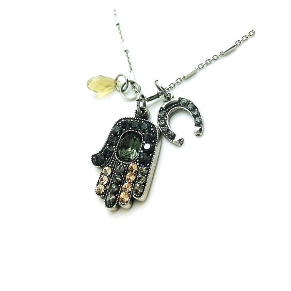 Mariana Necklace Pendant Hamsa & Charms Blacks & Greens Swarovski Crystals Luxury Nirvana Coll.
