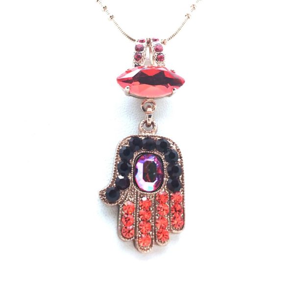 Mariana Necklace Pendant Hamsa Beaded Bright Red, Fuchsia & Jet Swarovski Crystals I’m On Fire Paradise Coll.