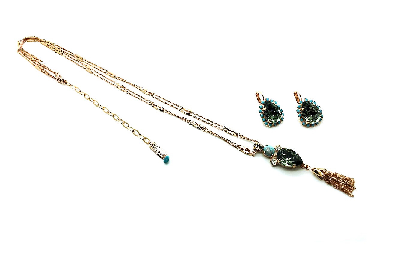 set040 (2) Mariana Jewelry Set Necklace & Earrings Turquoise Minerals and Austrian Crystals Zanzibar Africa Coll. - Image 1