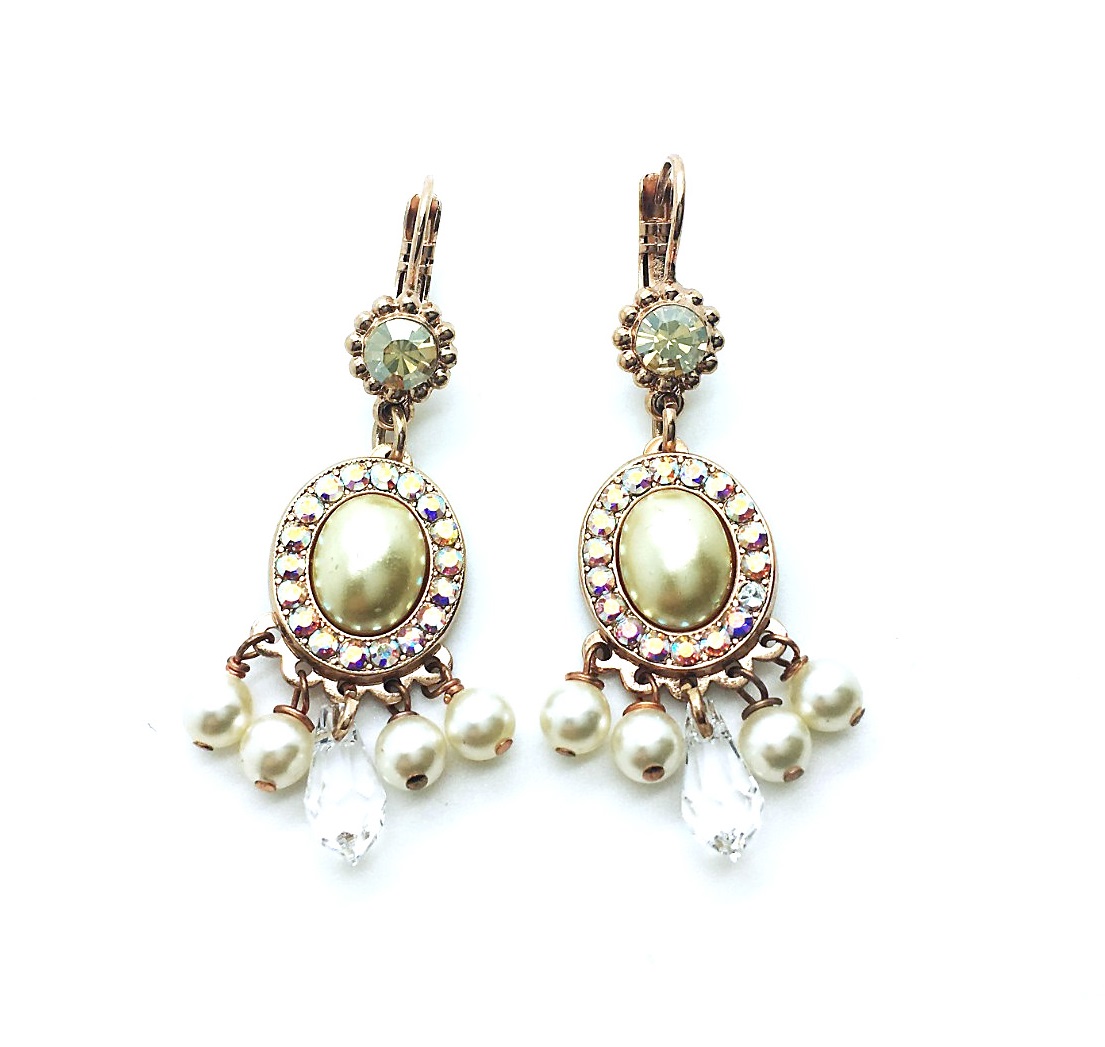 E-1198-M48-RG6 (2) Mariana Earrings Chandelier Pearl Mineral, Clear & AB Swarovski Crystals My Treasures Coll. - Image 1