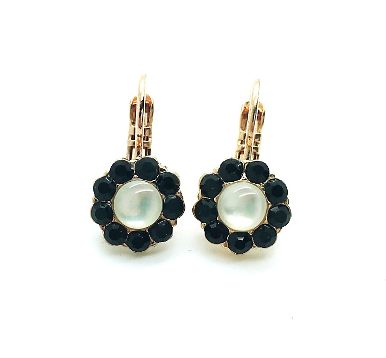 E-1379-M87-3-RG6 (3) Mariana Earrings Dainty Flower White Shell Mineral & Jet Swarovski Crystals Caribbean Life Coll. - Image 1