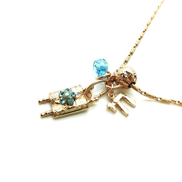Mariana Necklace Pendant Torah Scroll & "Chai" in Aquamarine Austrian Crystals My Treasures Coll.