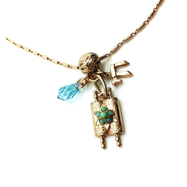 Mariana Necklace Pendant Symbolic Chai & Scroll Beaded Turq and Aquamarine Swarovski Crystals My Treasures Coll.