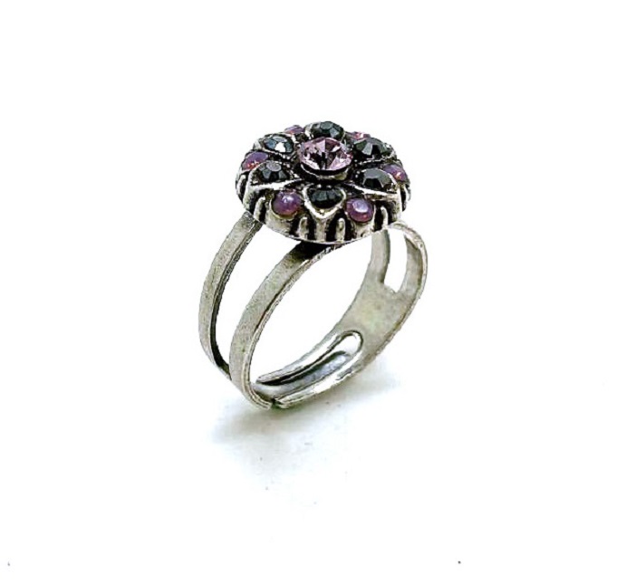 R-7218-1208-SP (2) Mariana Ring Gorgeous Floral Lavender, Pink & Jet Austrian Crystals Silver Moon Ambrosia Coll. - Image 1