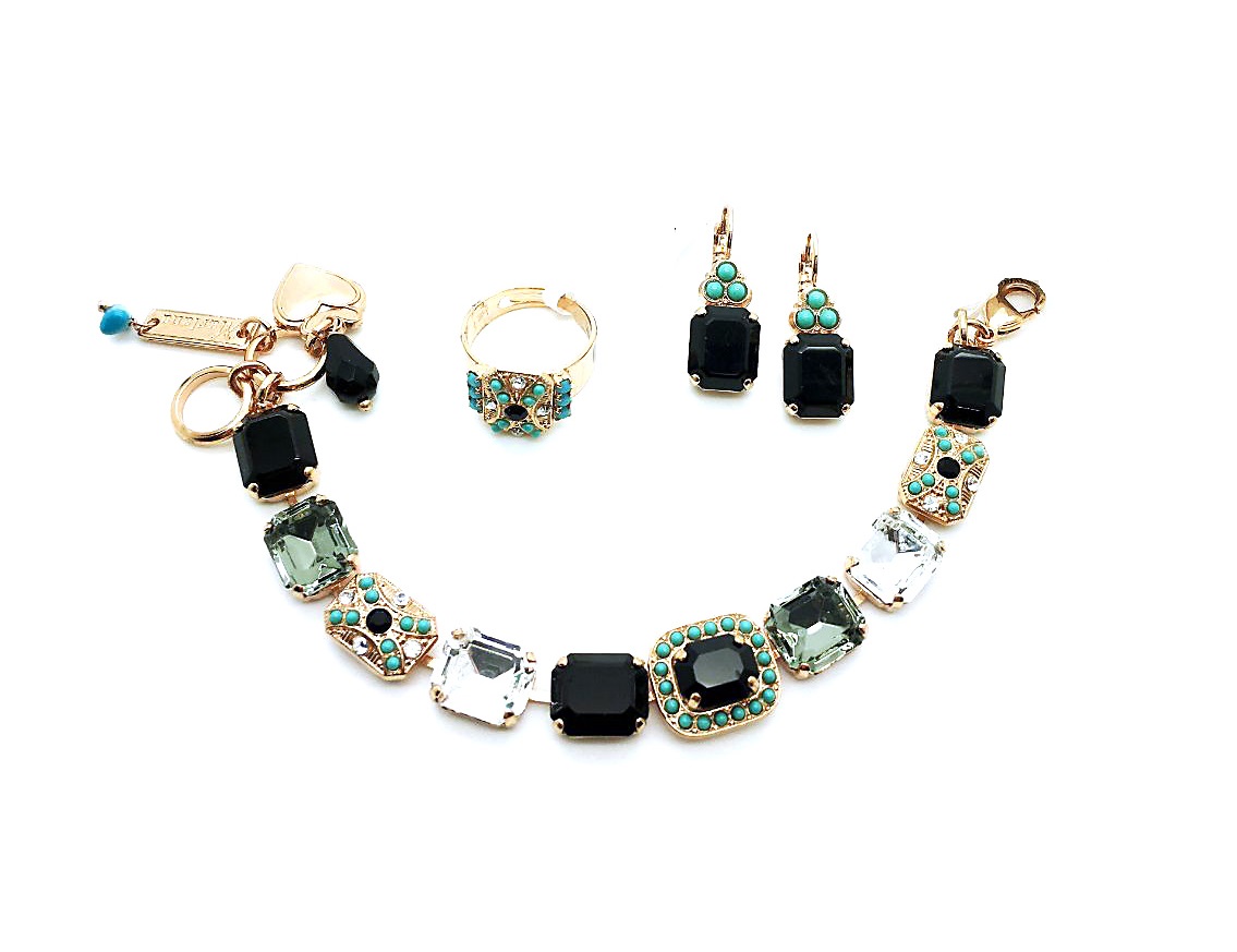 Set045 (1) Mariana Jewelry Set Bracelet, Earrings & Ring Turquoise Minerals and Austrian Crystals Zanzibar Africa Coll. - Image 1