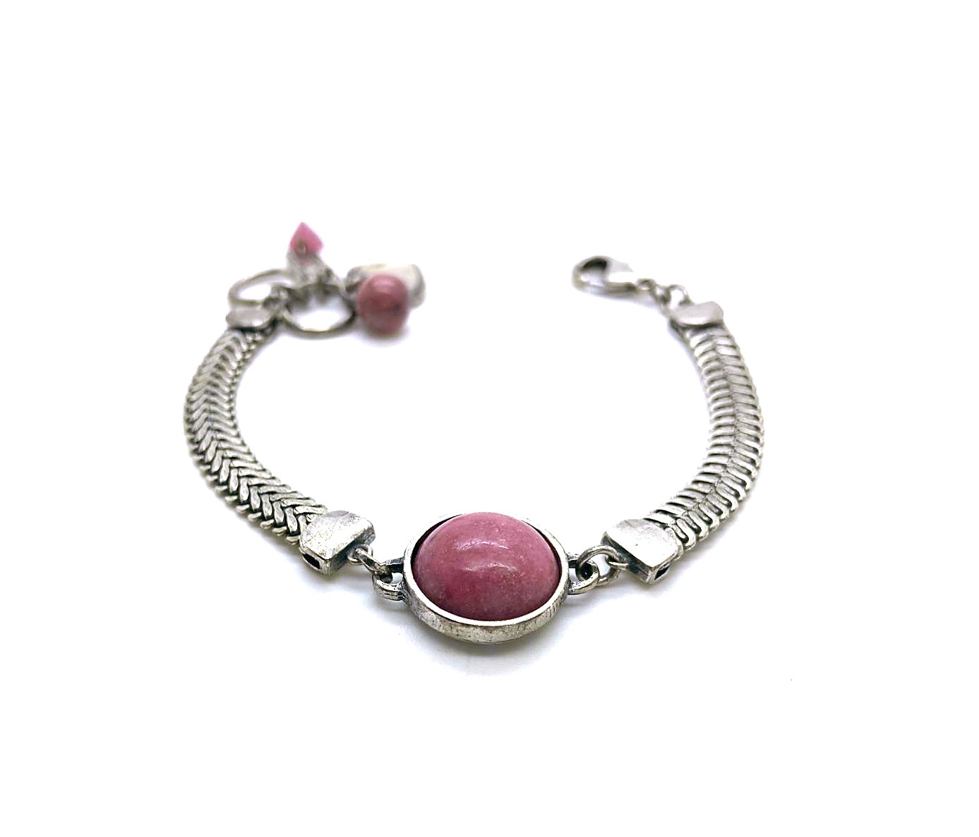 B-4133-M67-SP (2) Mariana Bracelet Round Rhodonite Mineral in Silver Plated Engraved Guardian Angel My Treasures Coll. - Image 1