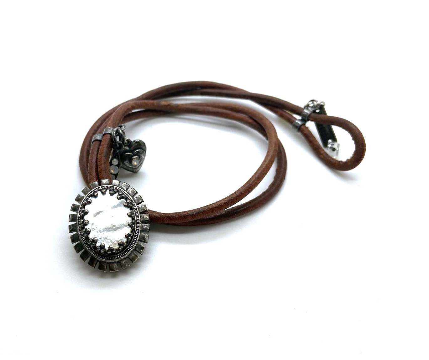 B-4327-M87-SP (1) Mariana Bracelet Leather w/ Oval Epidote Minerals & Charms My Treasures Coll. - Image 1