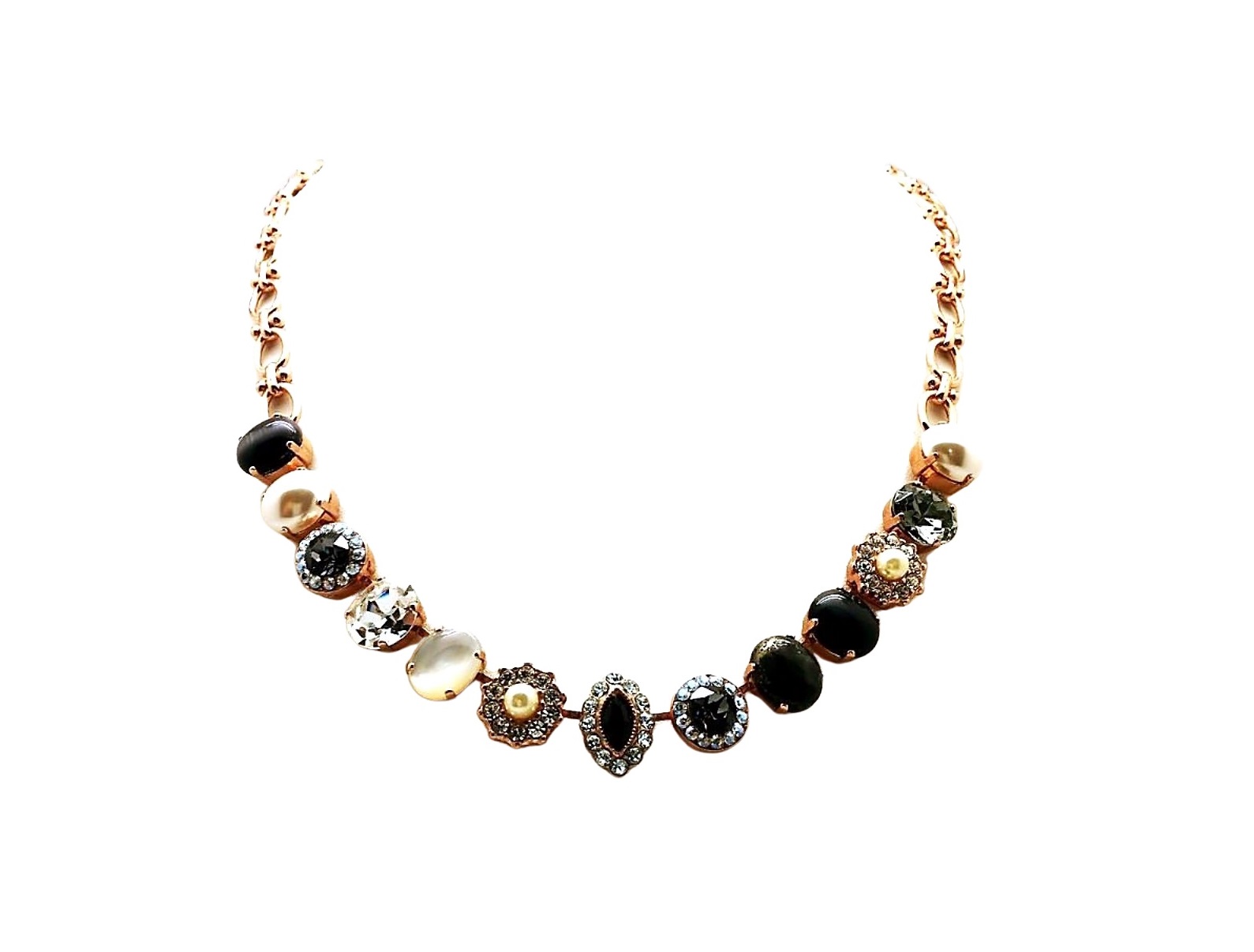 N-3115-1-M1080-RG (1) Mariana Necklace Exquisite Pyrite Mineral, Blacks, Clear & Whites Swarovski Crystals Zulu Africa Coll. - Image 1