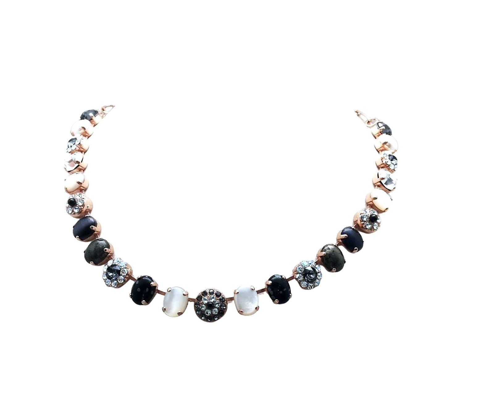 N-3416-2-M1080-RG (3) Necklace By Mariana Africa Coll. Pyrite & White Shell Mineral, Clears & Blacks Austrian Crystals - Image 1