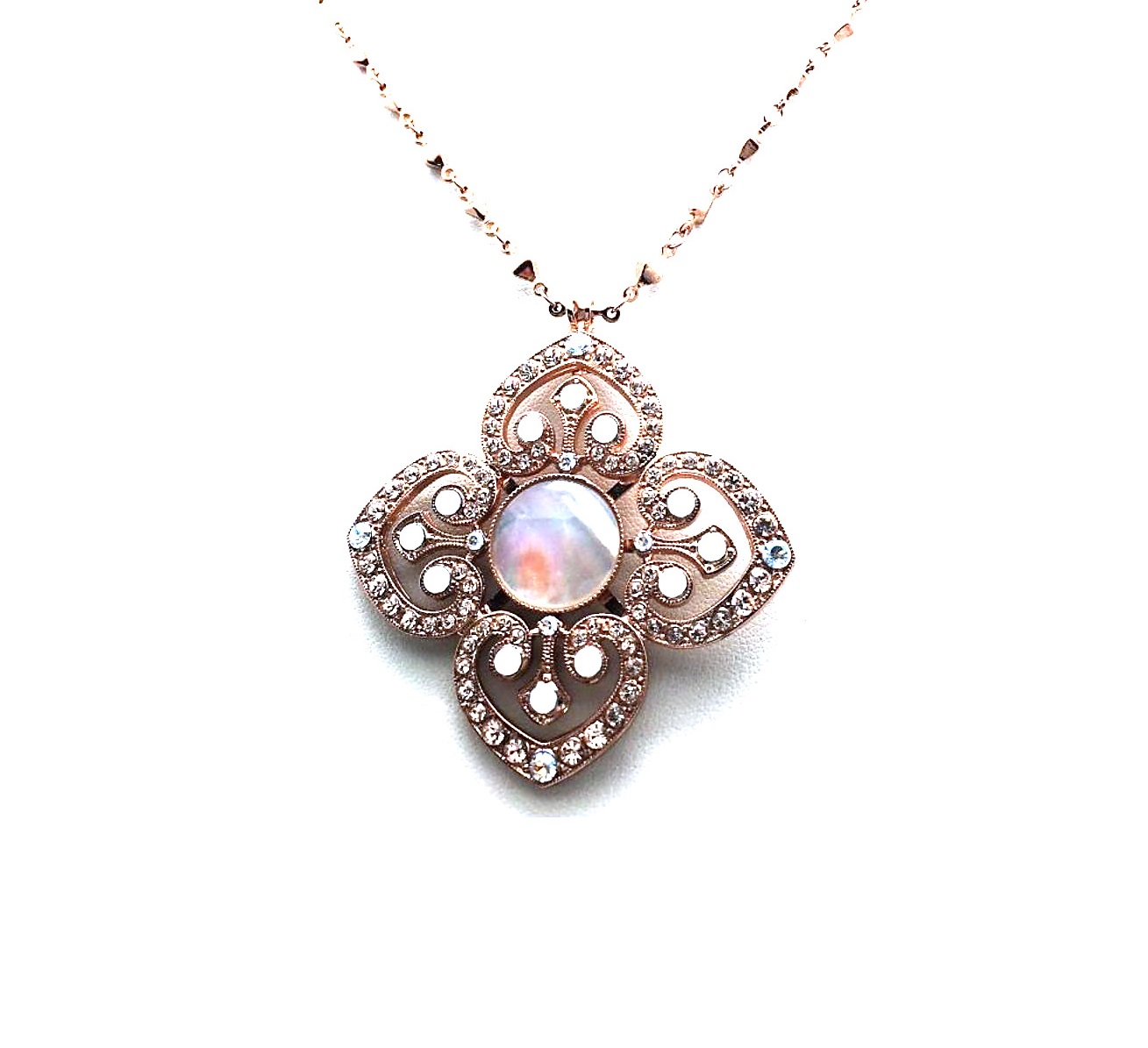 N-5050-M1078-RG (1) Mariana Necklace Pendant Elegant White Shell Mineral, Clear & Whites Austrian Crystals Africa Coll. - Image 1