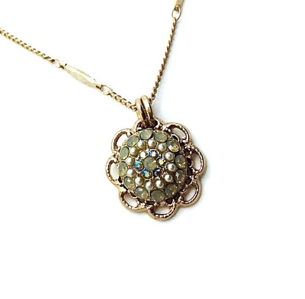 Mariana Necklace Pendant Floral White Opal, Pearl & AB Swarovski Crystals Periwinkle East Meets West Coll.