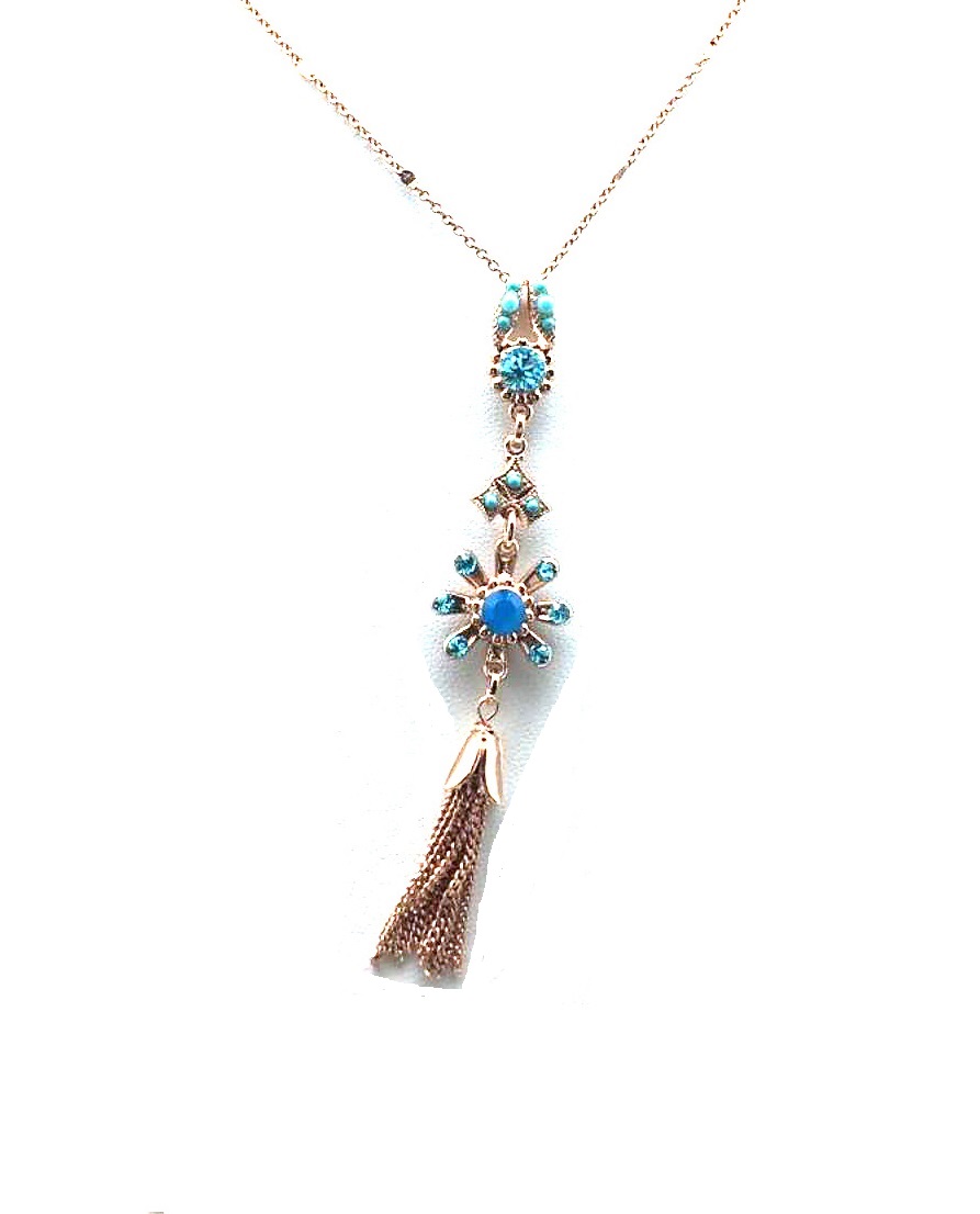 N-5412-1-1082-RG (3) Mariana Necklace Pendant Floral Tassel Blues Swarovski Crystals Zambezi Africa Coll. - Image 1
