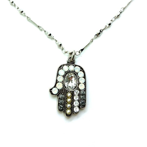 Mariana Necklace Pendant Hamsa Clear, Black Dia, Pearl & White Opal Austrian Crystals Icons Coll.
