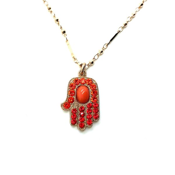 Mariana Necklace Pendant Hamsa Beaded Siam, Hyacinth & Coral Austrian Crystals Ambrosia Coll.