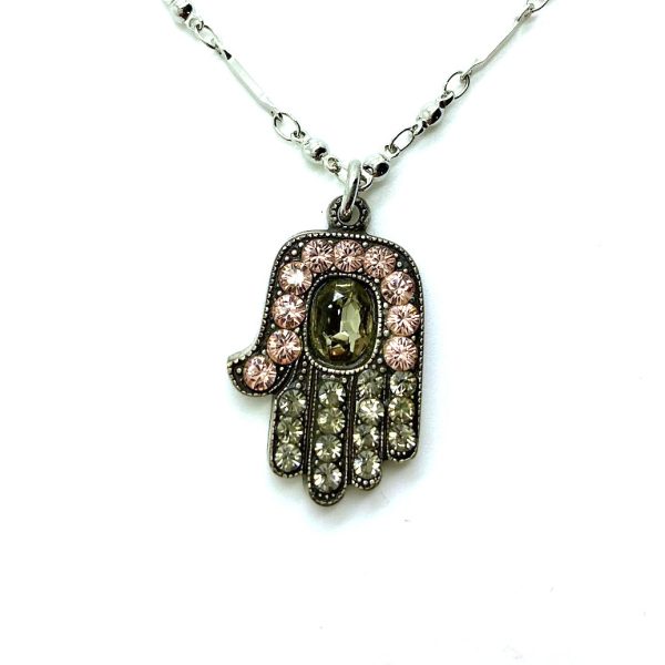 Mariana Necklace Pendant Hamsa Beaded Pink & Clear Swarovski Crystals Pink Ice Gypsy Soul Coll.