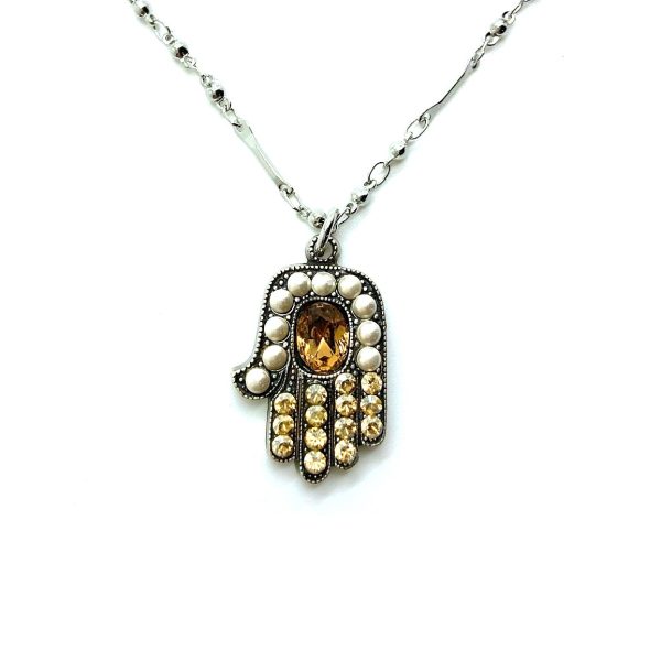 Necklace Pendant By Mariana Nirvana Coll. Hamsa Beaded Pearl, Amber & Champagne Austrian Crystals