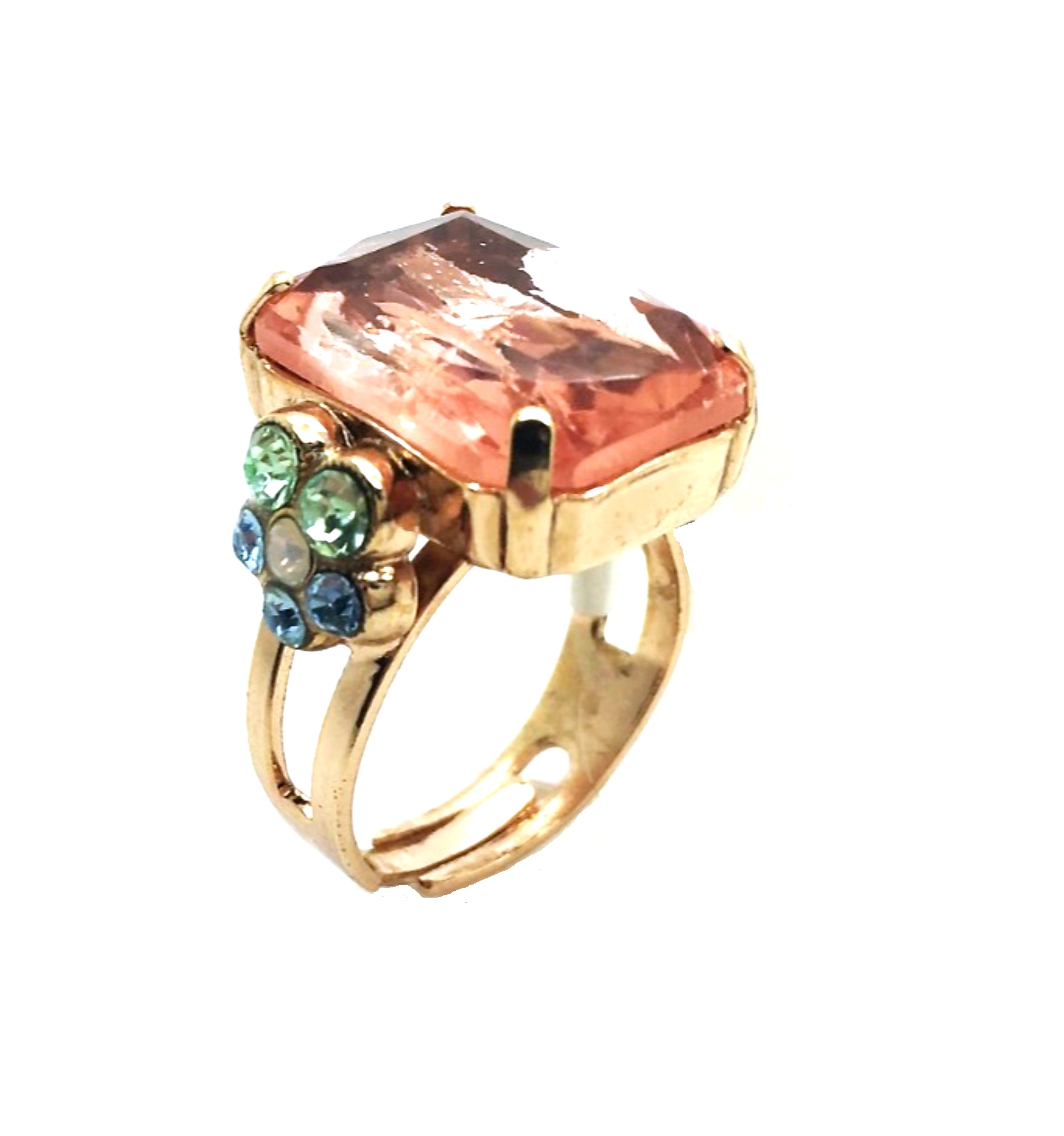 R-7002-1-1067-RG (2) Ring By Mariana Songbook Coll. Charming Peach, Lt Sapphire & Chrysolite Austrian Crystals - Image 1