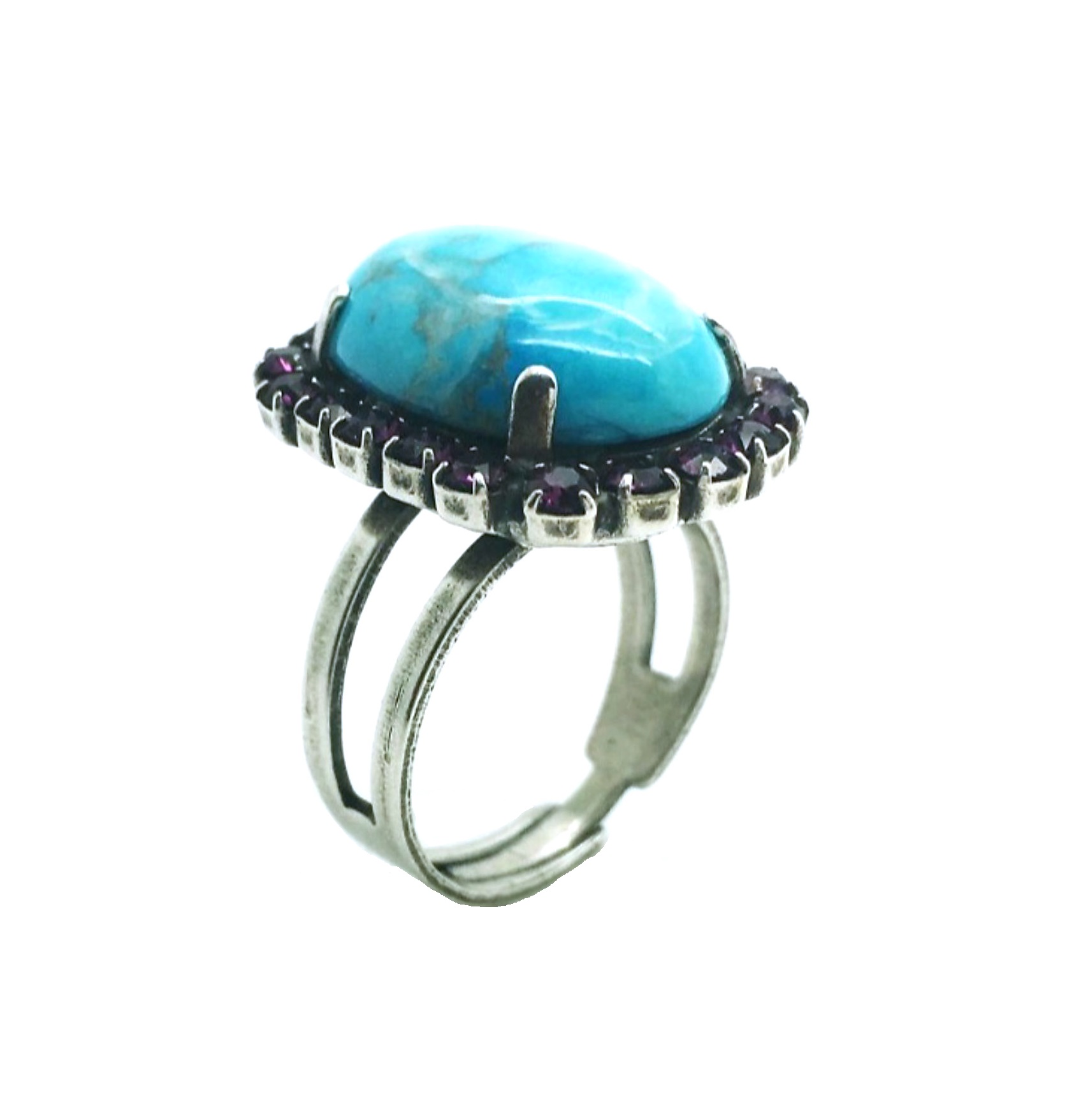 R-7090-1M -1024-SP (2) Mariana Ring Happiness Inspiration Coll. Exquisite Turquoise Mineral & Amethyst Austrian Crystals - Image 1