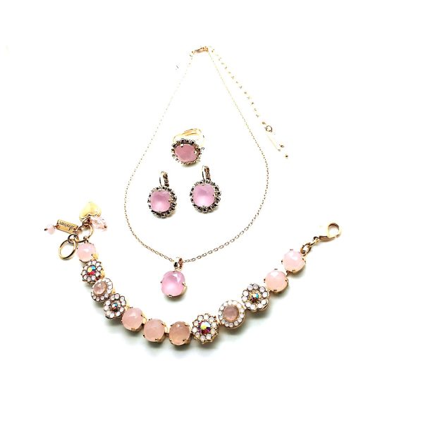 Mariana Jewelry Set Necklace, Bracelet, Earrings, Ring Rose Quartz Mineral & Austrian Crystals