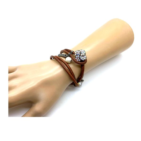 Mariana Bracelet Wrap Leather Clover Beaded AB, Clear & Pearl Swarovski Crystals My Treasures Coll.