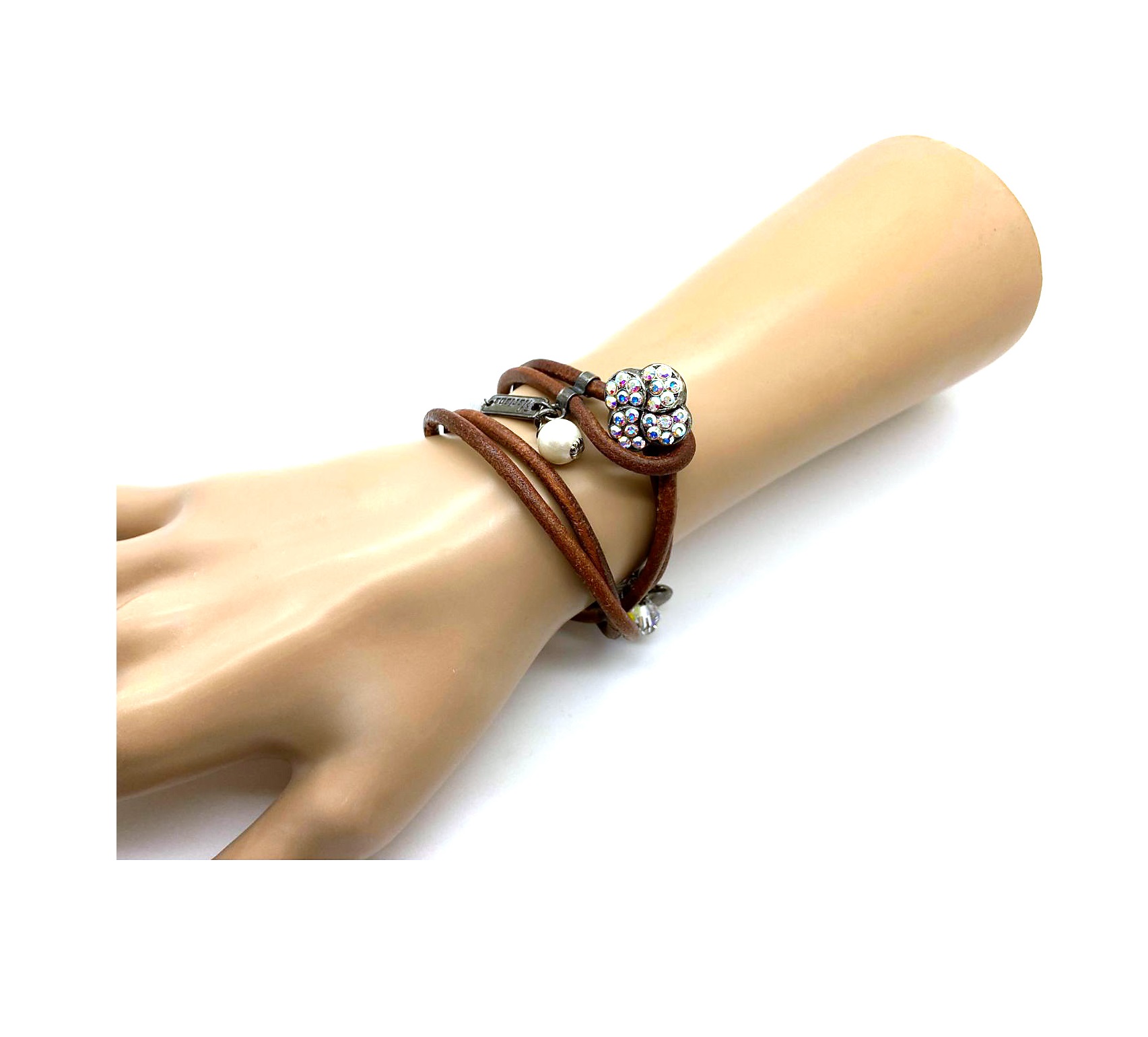 B-4319-001AB-SP (1) Mariana Bracelet Wrap Leather Clover Beaded AB, Clear & Pearl Swarovski Crystals My Treasures Coll. - Image 1