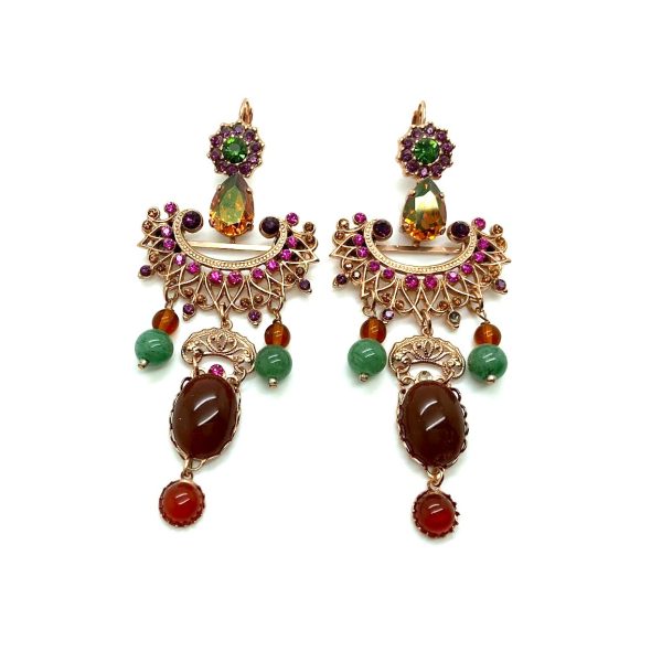 Mariana Earrings Finely Detailed Green Aventurine Mineral & Multicolor Swarovski Crystals My Treasures Coll.