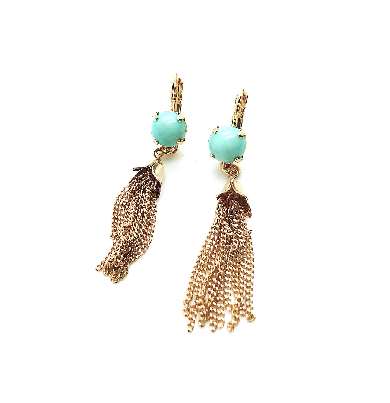 E-1098-M1079-RG6 (2) Earrings By Mariana Serengetti Africa Coll. Dainty Turquoise Mineral & Rose Gold Plated Tassel - Image 1