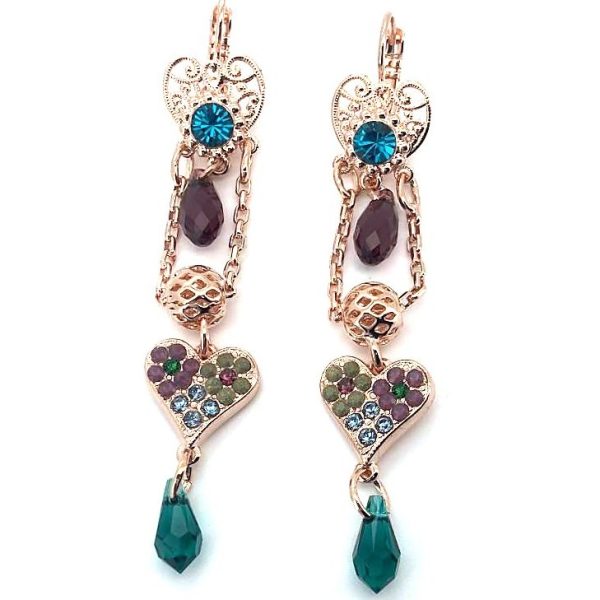 Earrings By Mariana Inspiration Coll. Heart Shaped Dangling Multi Color Swarovski Crystals
