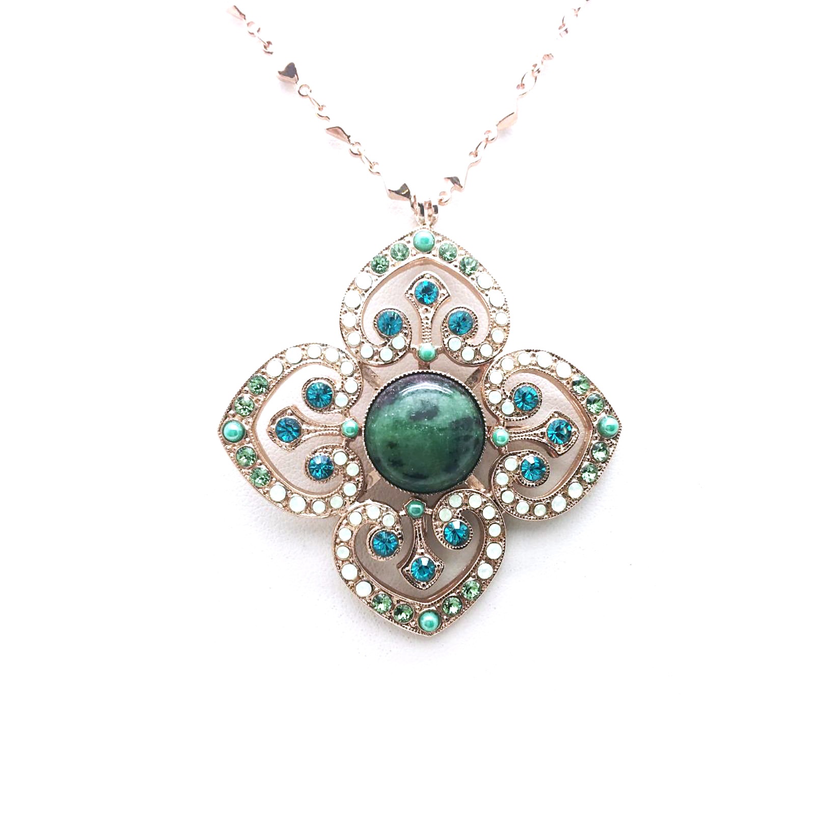 N-5050-1076-RG (2) Mariana Necklace Pendant Clover Shaped Greens Austrian Crystals Congo Africa Coll. - Image 1