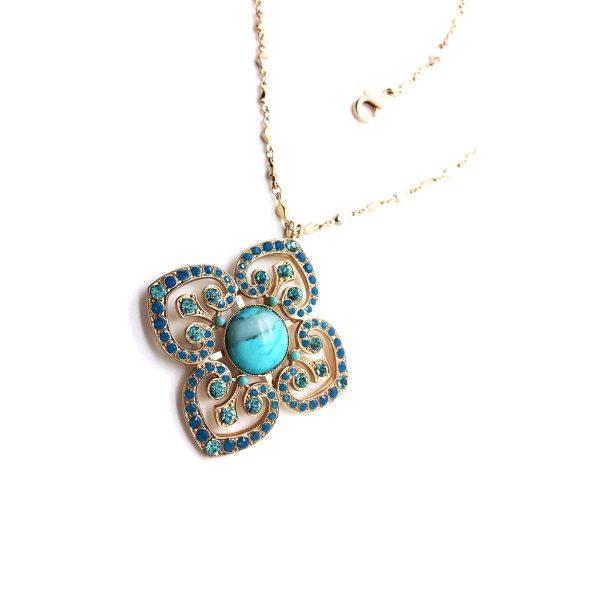 Mariana Necklace Pendant Clover Shaped Turquoise Mineral & Blues Austrian Crystals Zambezi Africa Coll.