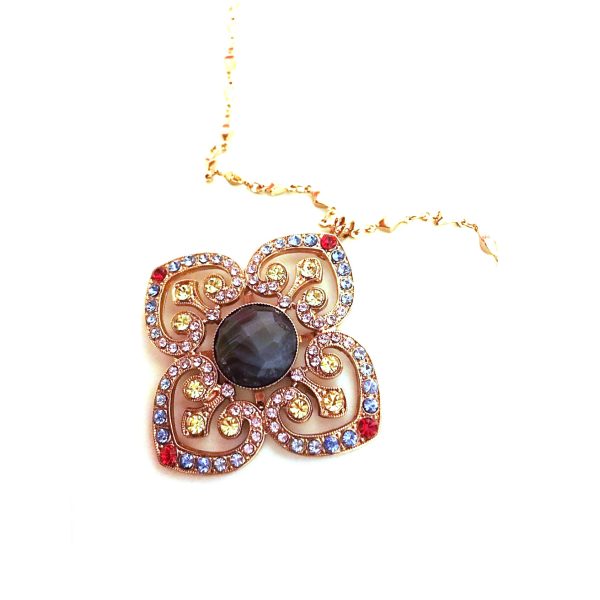 Mariana Necklace Pendant Clover Shaped Chalcedony Mineral & Multicolor Austrian Crystals Gaea Odyssey Coll.