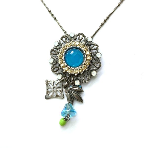 Mariana Necklace Pendant Floral Mocca, Whites & Blues Austrian Crystals My Treasures Coll.