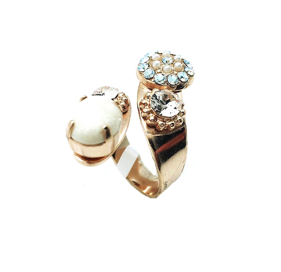 R-7416-M1078-RG (1) Ring By Mariana Woman Fashionable White Shell Mineral and Clear Swarovski Crystals - Image 1