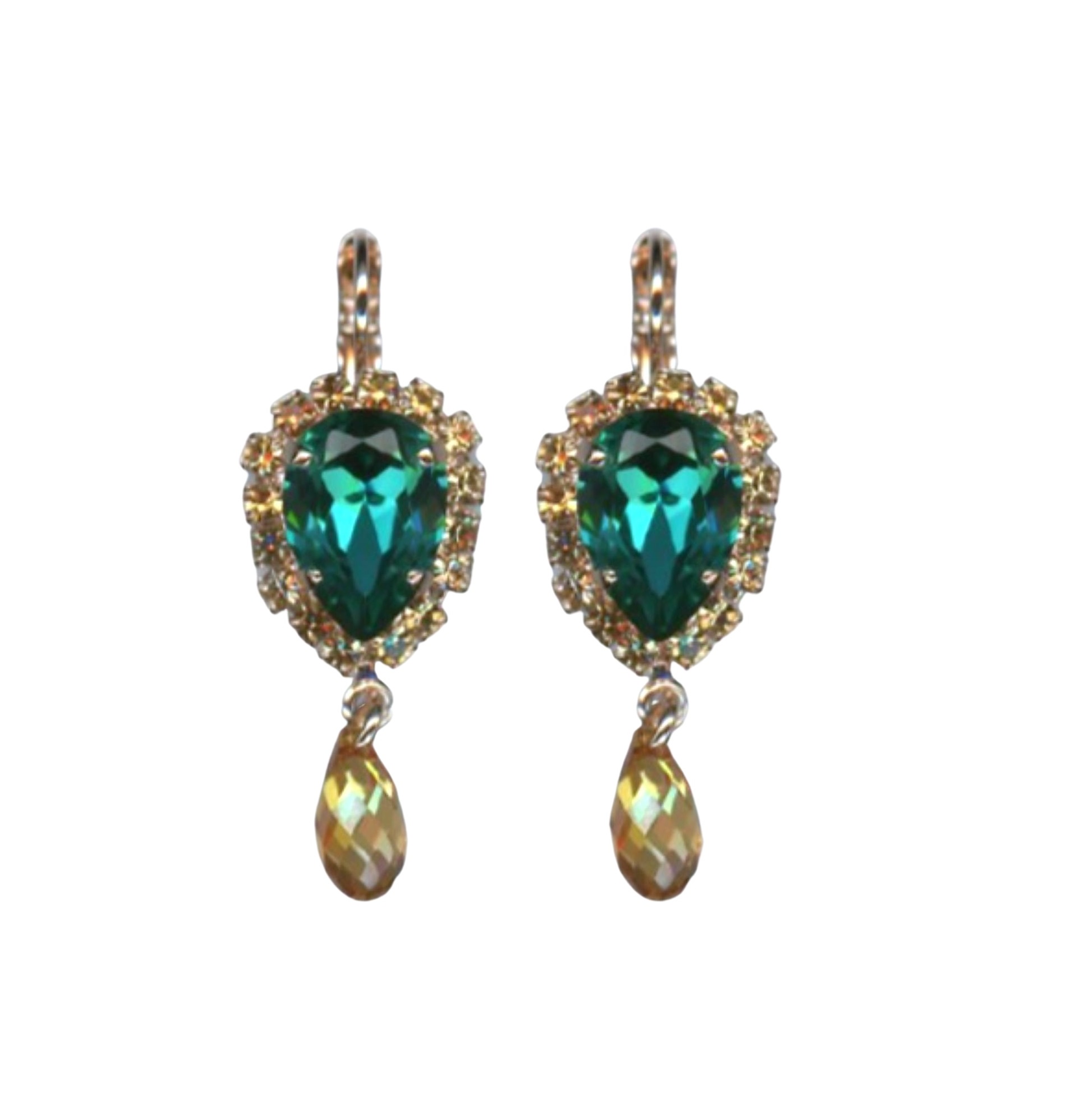 E-1032-12-1111-RG6 (3) Mariana Earrings Elegant Pear Shape Teal & Golden Shadow Austrian Crystals Tinsel Winter Wonderland Coll. - Image 1