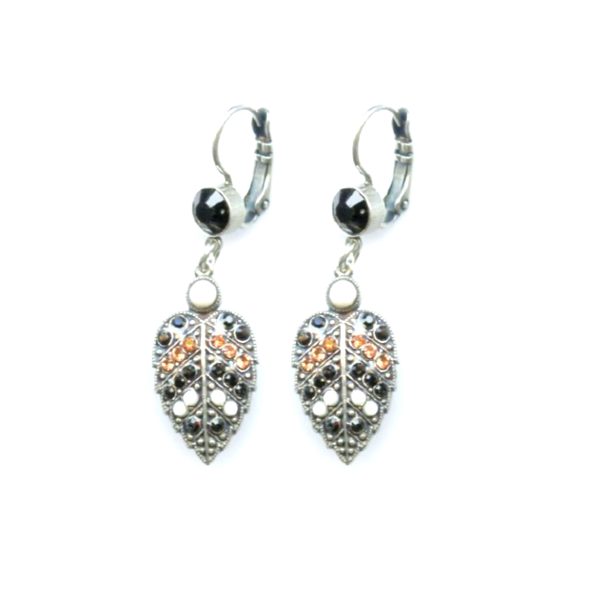 Mariana Earrings Leaf Beaded Jet, White Opal & Lt Peach Austrian Crystals Pomegranate Silk Road Coll.