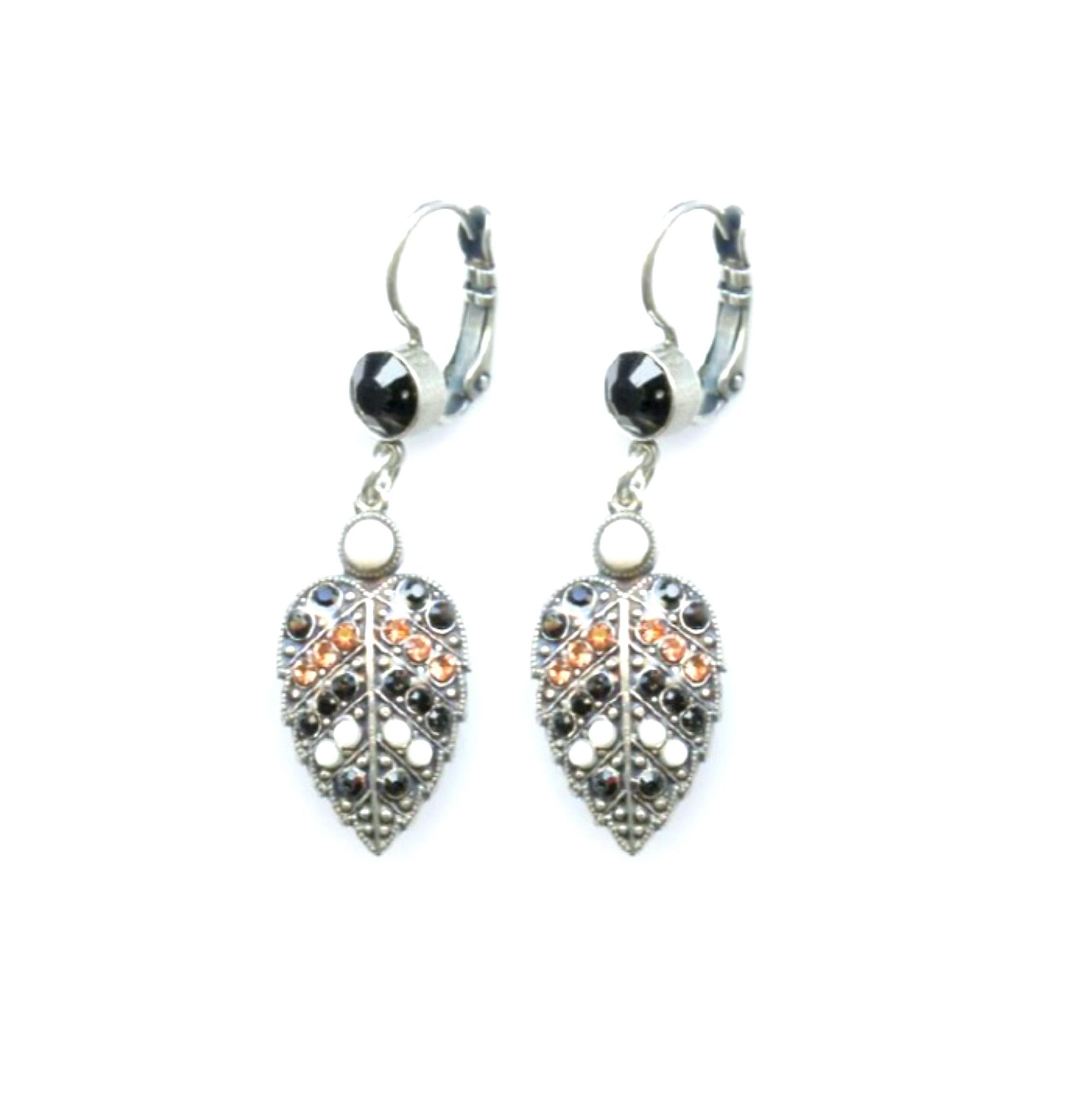 E-1042-3-1045-SP6 (3) Mariana Earrings Leaf Beaded Jet, White Opal & Lt Peach Austrian Crystals Pomegranate Silk Road Coll. - Image 1
