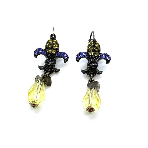 Mariana Earrings Dangling Fleur de Lis Tanzanite & Jonquil Austrian Crystals My Treasures Coll.