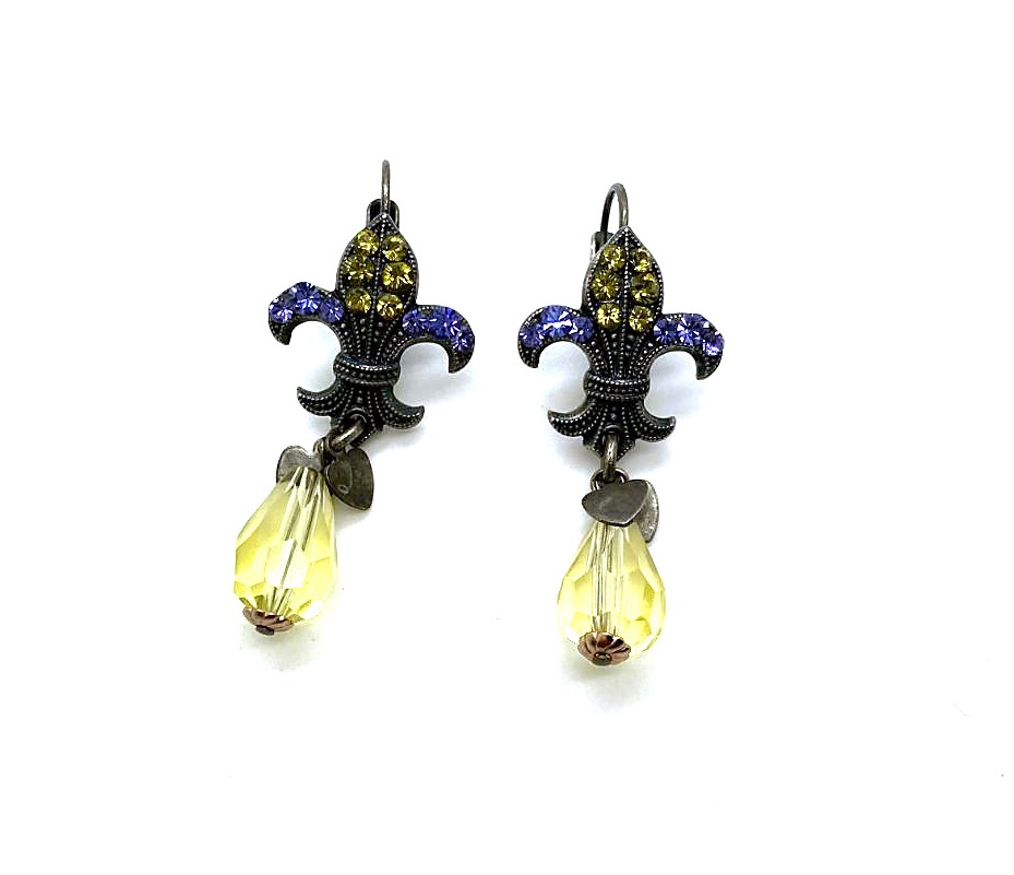 E-1108-637-SP6 (3) Mariana Earrings Dangling Fleur de Lis Tanzanite & Jonquil Austrian Crystals My Treasures Coll. - Image 1