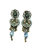 Mariana Earrings Boho Dangling Turq, Denim Blue, Chrysolite & Lt Peach Austrian Crystals My Treasures Coll.