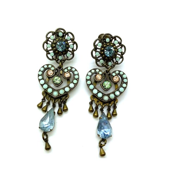 Mariana Earrings Boho Dangling Turq, Denim Blue, Chrysolite & Lt Peach Austrian Crystals My Treasures Coll.
