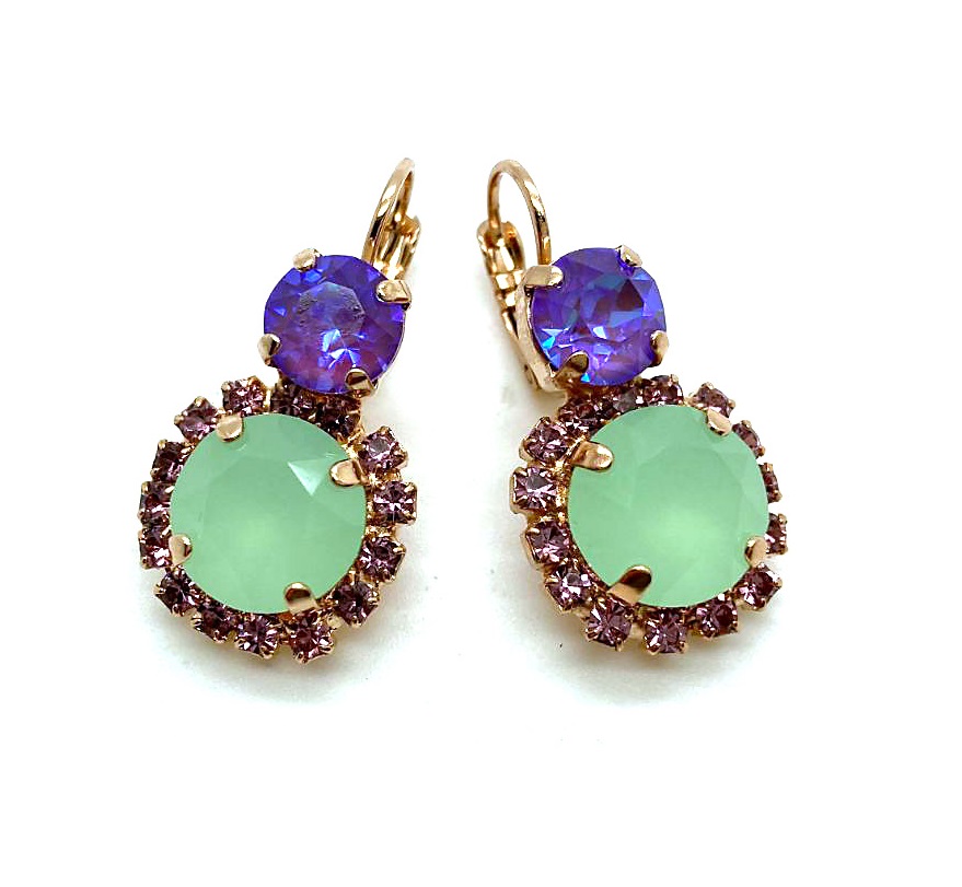 E-1137-10-1910-RG6 (3) Mariana Earrings Gorgeous Matt Mint Green, Lavender Delight & Lt Amethyst Austrian Crystals Levander Botanica Coll. - Image 1