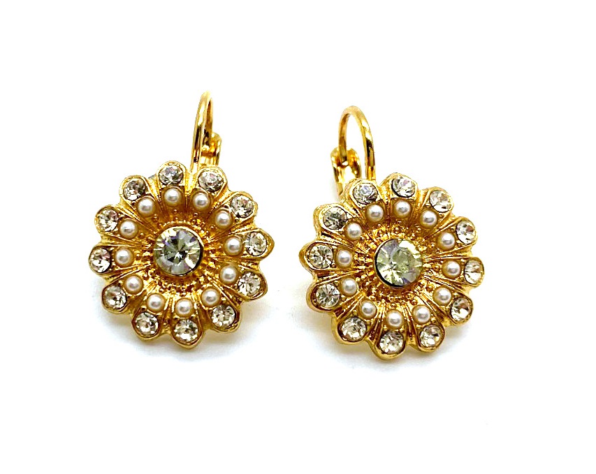 E-1423-3-2102-YG6 (2) Earrings By Mariana Woman Flower Shape Alluring Pearl and Clear Swarovski Crystals - Image 1