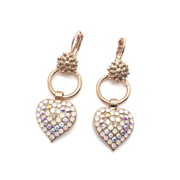 Mariana Earrings Dangling Heart Shape Opals & AB Austrian Crystals Snowflake Winter Wonderland Coll.